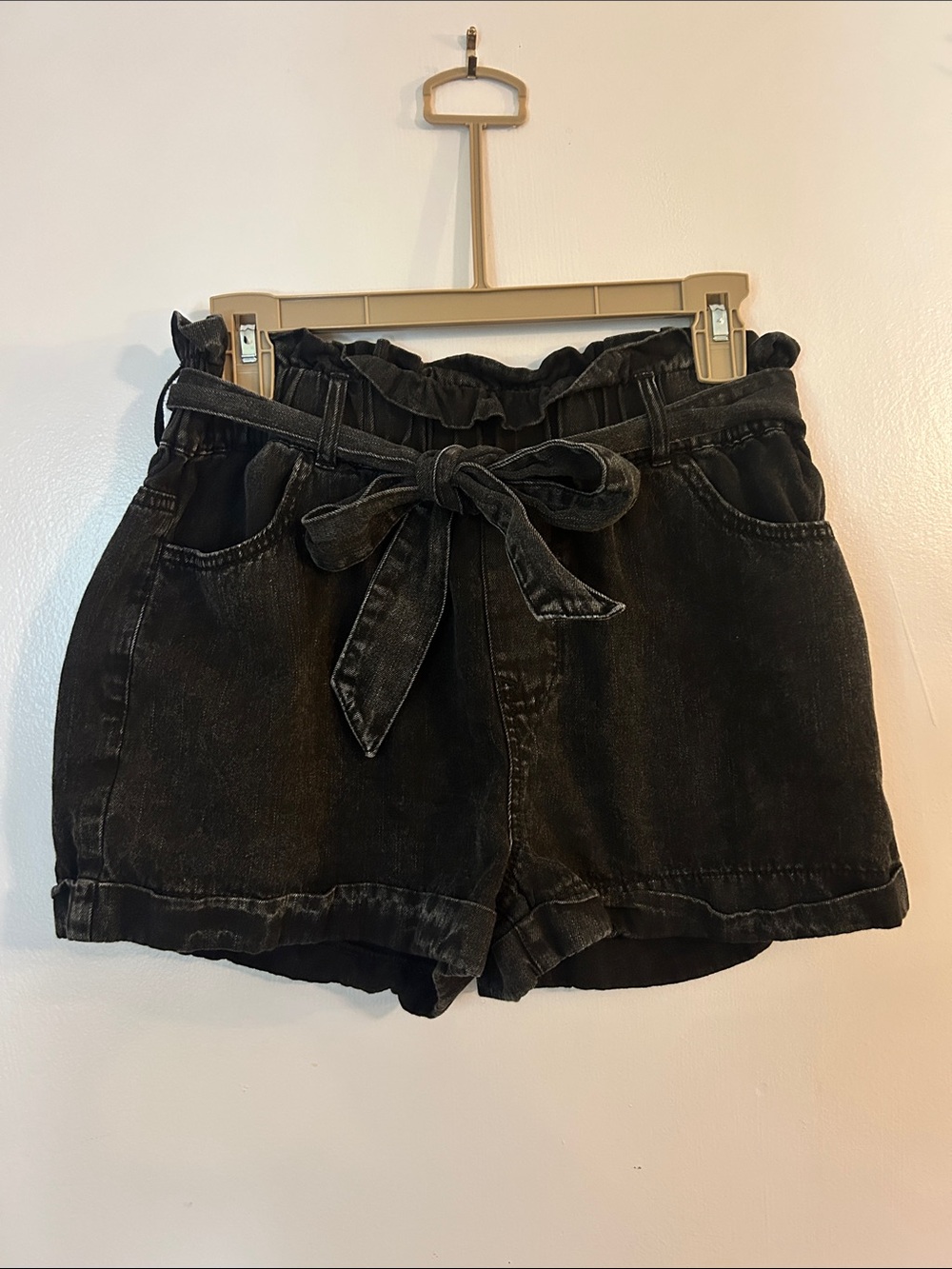 High-Rise Black Paperbag Tie Jean Shorts for Women